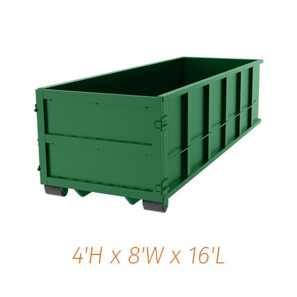 fifteen yard dumpsters typically measure 14 feet long,5 feet wide, and 5 feet tall